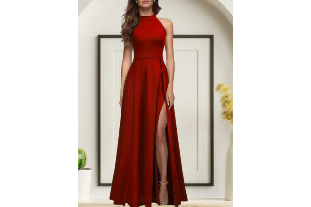 Serero Kadınhalter Yaka Derin Yırtmaç Detaylı Tam Boy Ithal Krep Abiye Elbise