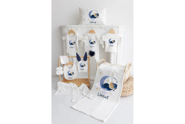 0 Pamuk Baskılı Tavşanlı 11’li Isimli Organik Lacivert Tavşanlı Bebek Hastane Çıkışı