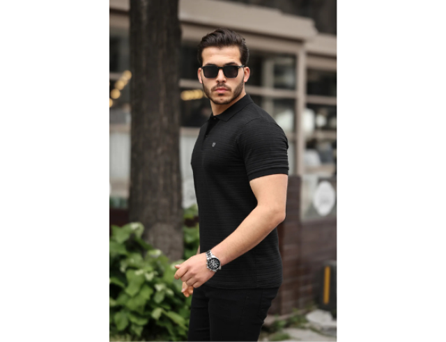 Erkek 0 Pamuklu Kumaş Slim Fit Kesim Siyah Polo Yaka T-shirt